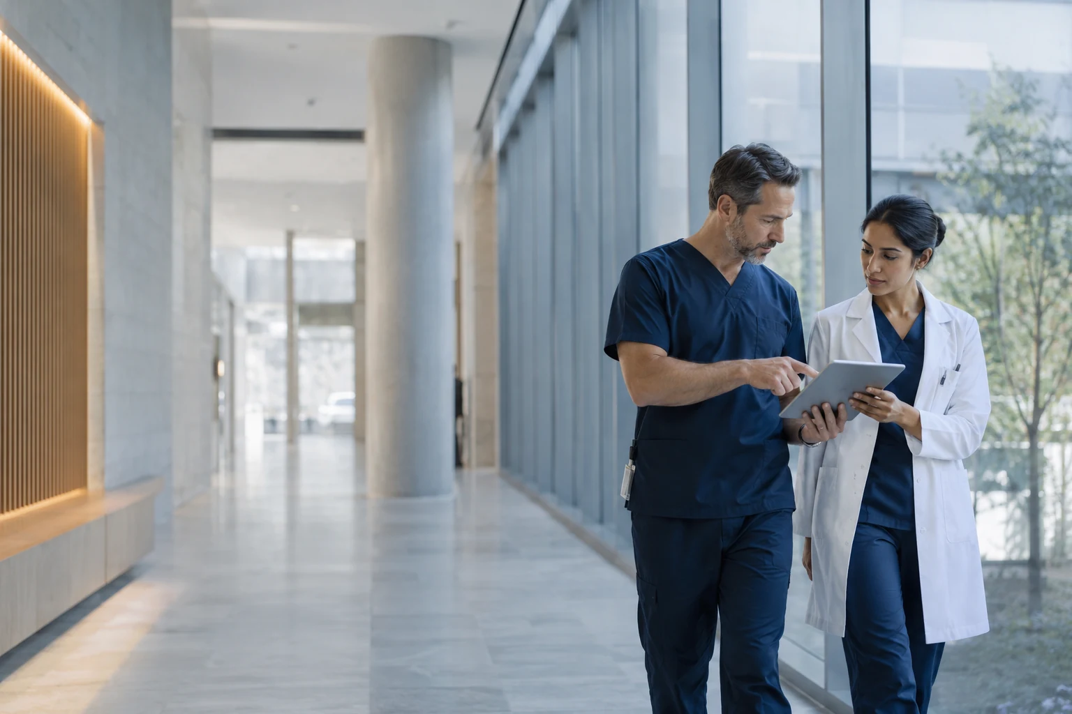Two healthcare professionals discussing a tablet in a bright clinical corridor